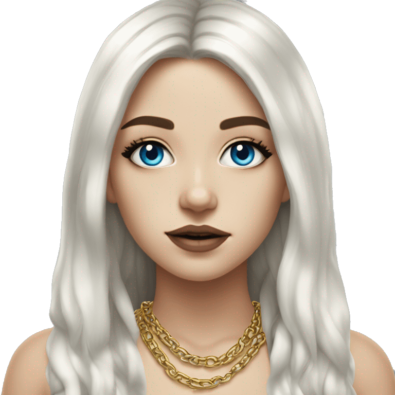 Hyperrealistic white girl with blue eyes and long black hair with rainbow fringe. Wearing gold chain necklace has dark eye makeup on her eyes emoji