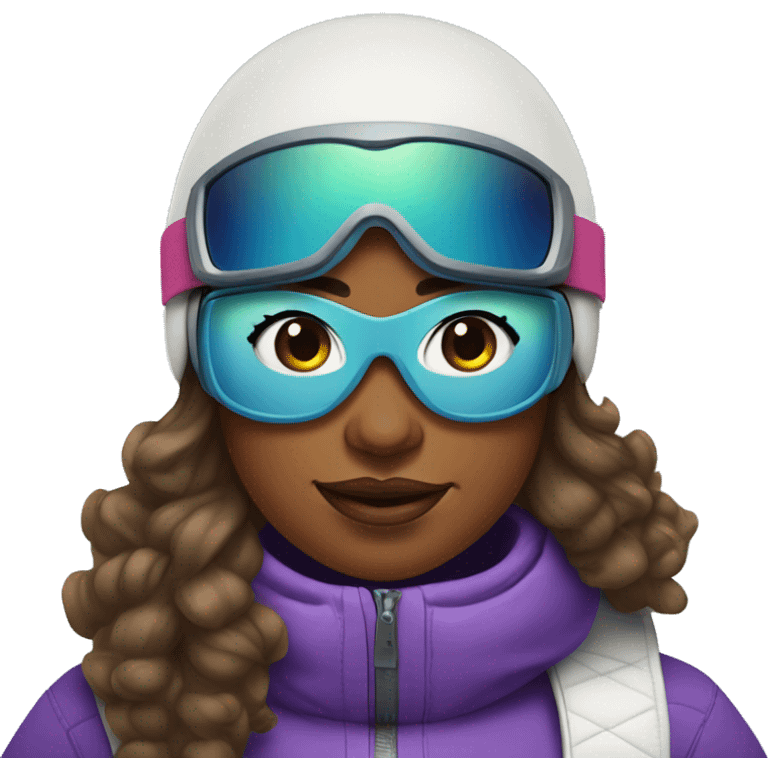 Plus size women with curly straight hair and brown skin snowboarding with snow goggles emoji