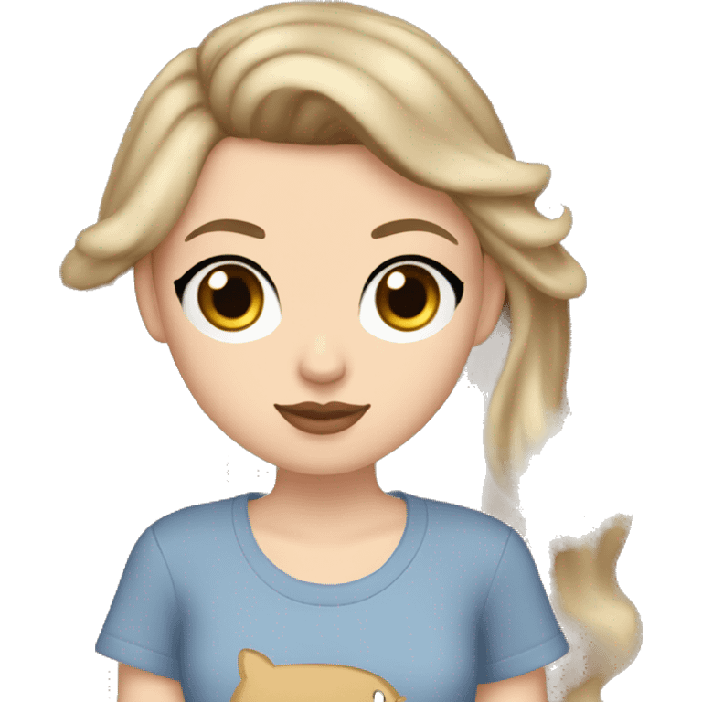 white girl with dirty blonde brownish hair and bluey/grey eyes and a mole on left middle of the cheek and wearing a taylor swift tshirt emoji