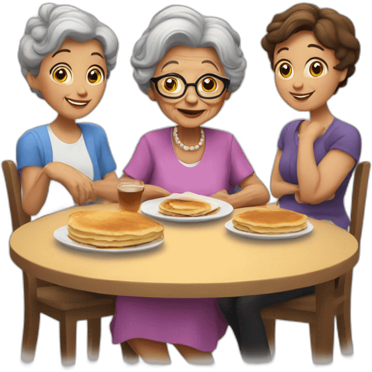 Granny with family in the table eat pancakes emoji