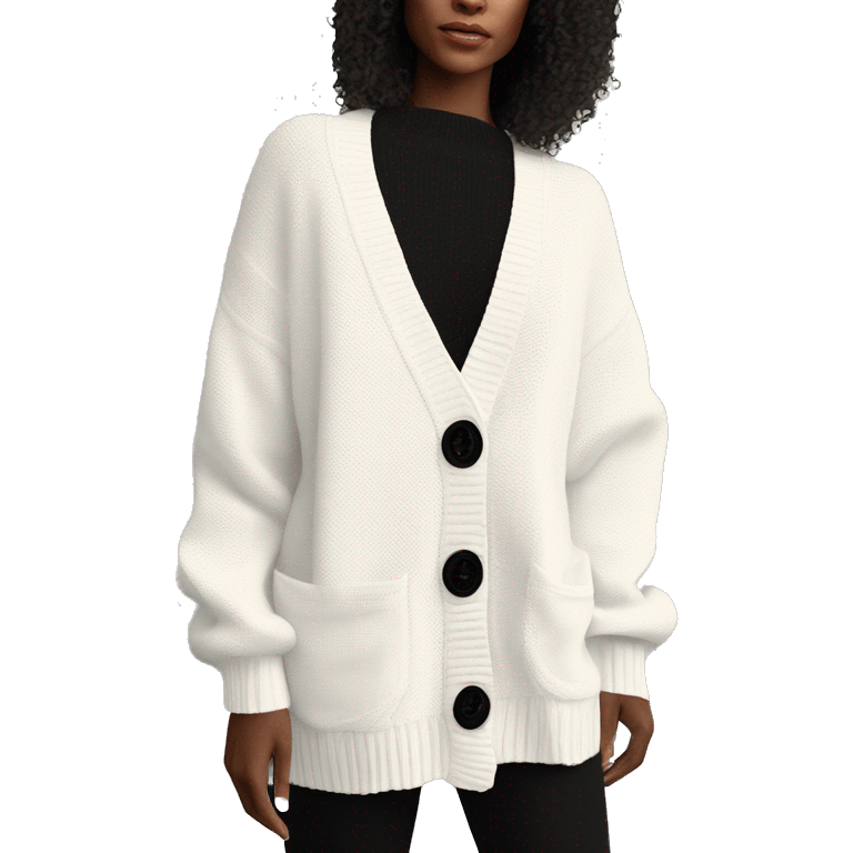 White oversized cardigan knit sweater with three black buttons, black trim around the sleeves and down the trim along the buttons emoji