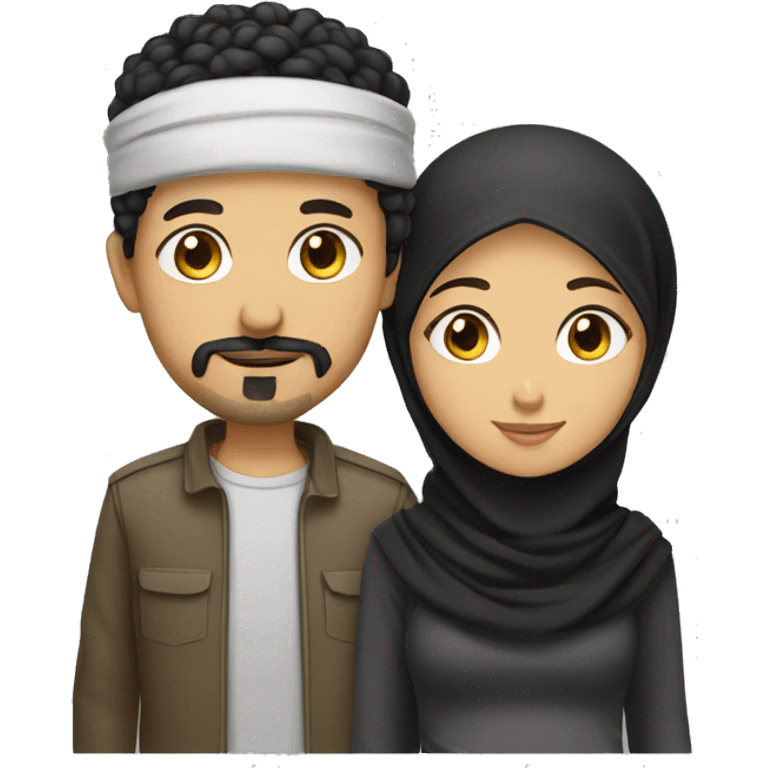 brown muslim couple. the boy has black short curly hair, goatee and moustache, black eyes. The girl has hijab  emoji