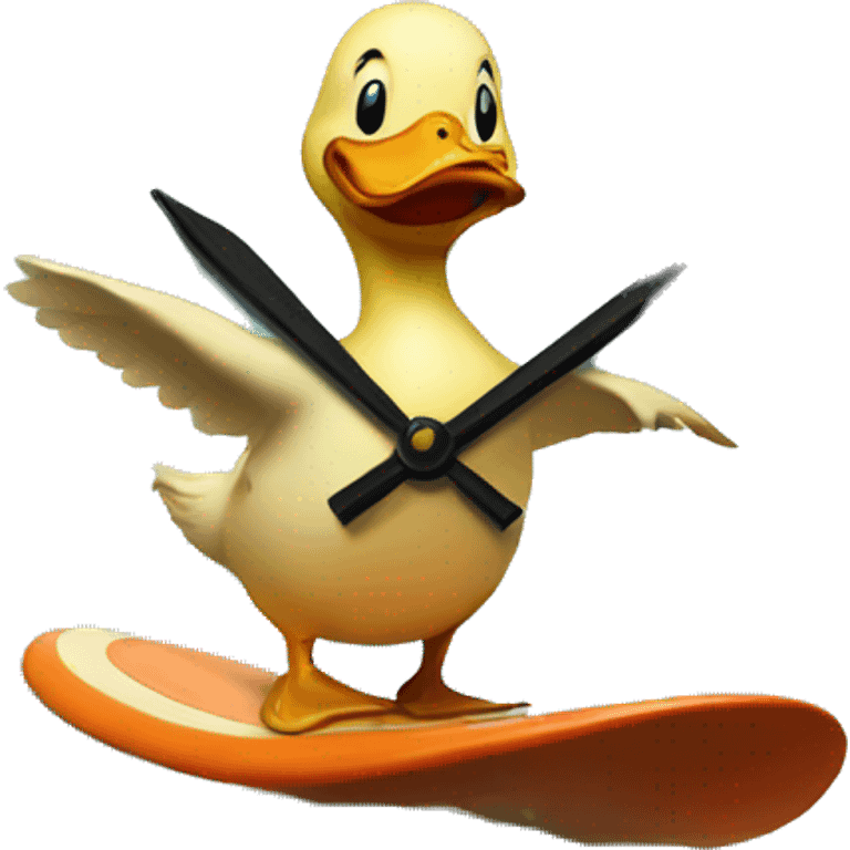 Duck surfing on a clock emoji