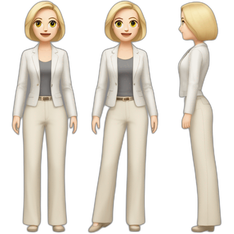 Full height Actively gesturing with hands pale skin woman with ash blonde Straightened bob Hair, White Spacious classical jacket, beige palazzo Arrow pants and gray blouse emoji