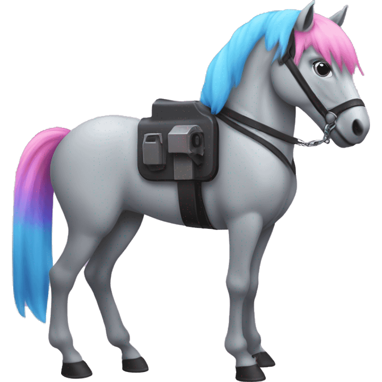 Gray horse with PINK and BLUE hair. One of its two front legs is a VIOLET LASER GUN emoji