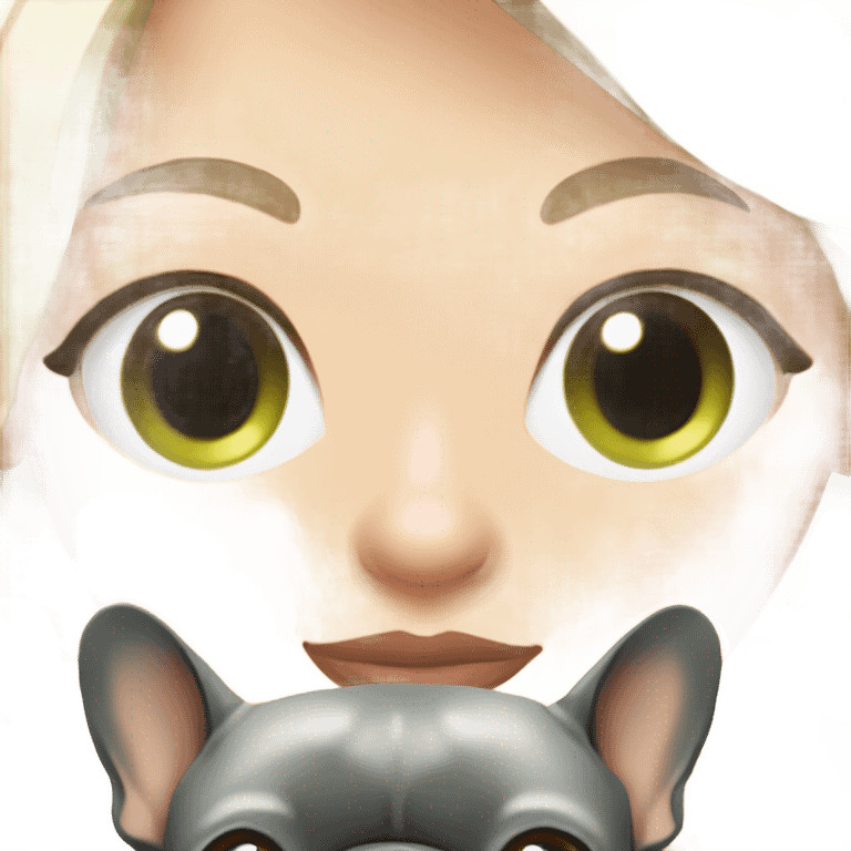 Medium length blonde hair fair skin green eyed woman with blue gray French bulldog  emoji