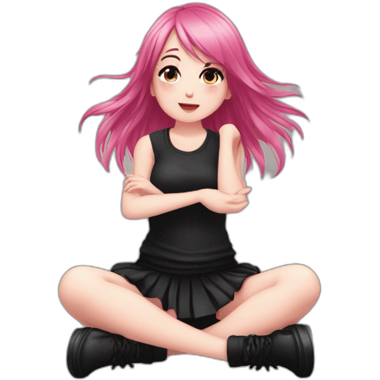 Full body Front view curvy emo girl pink hair sits on the floor straight view hands up black skirt полосатые рваные чулки emoji