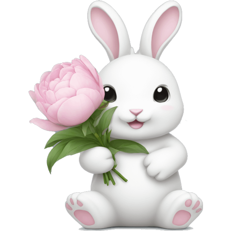 cute white bunny holding light pink peonies emoji