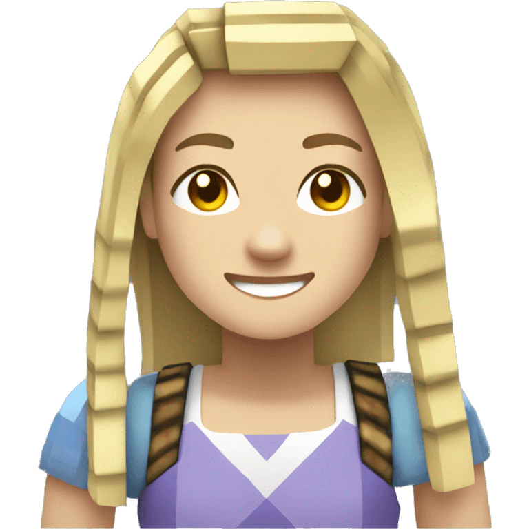 Minecraft avatar. woman. blond hair in ponytail. smiling, square features emoji