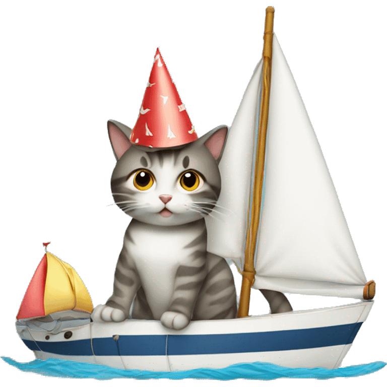 cat wearing a birthday hat on a sailboat emoji