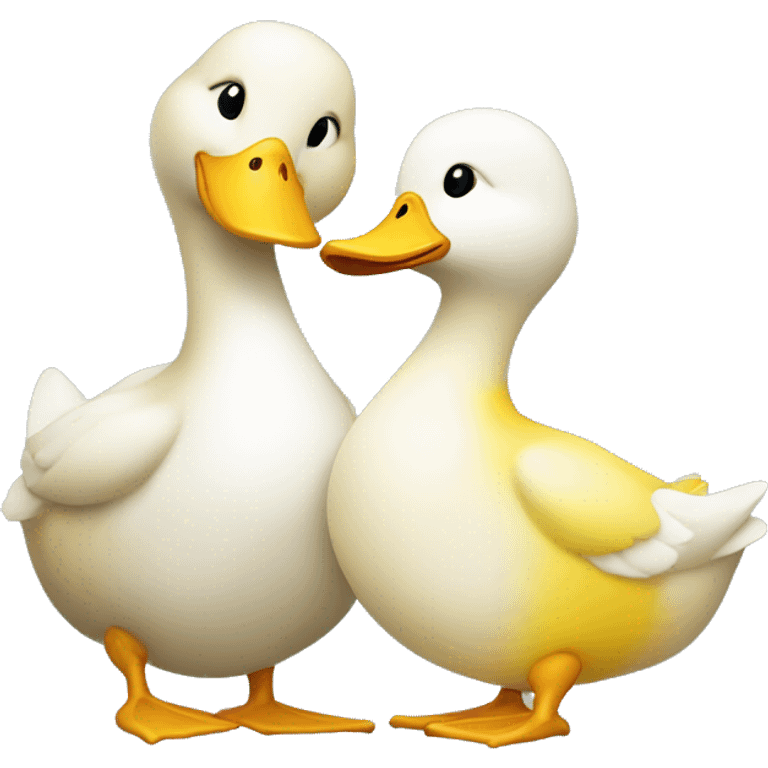 Two ducks hugging each other, one is yellow and petite, the other one is white and tall  emoji