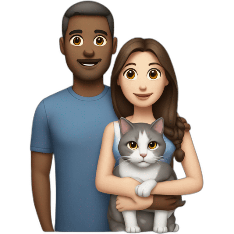 brown white man and brunette woman with a big gray cat in their arms emoji