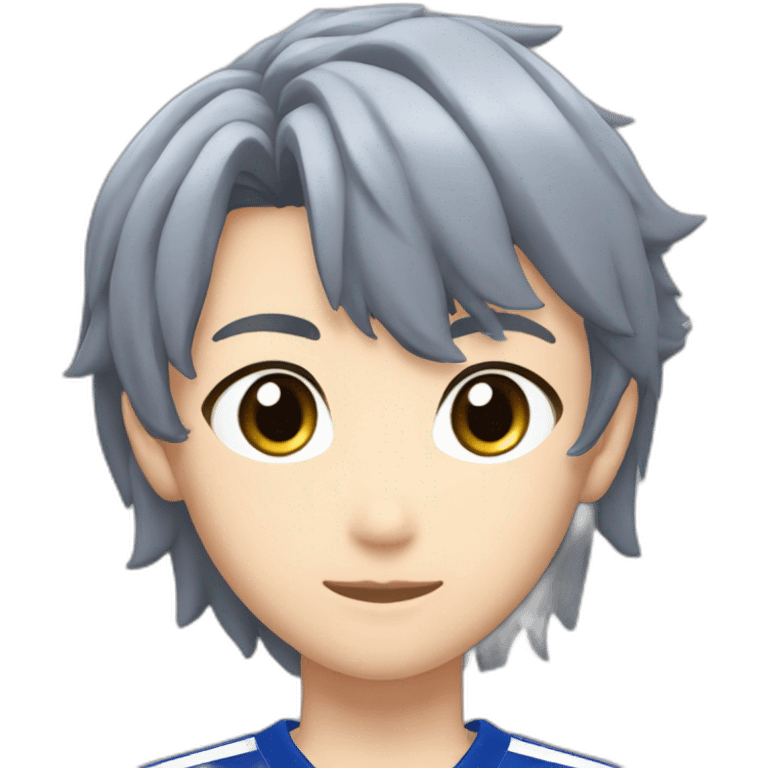 nagi seishiro from blue lock withe short hair,grey eyes blue soccer jersey with 11 and team v on the jersey emoji