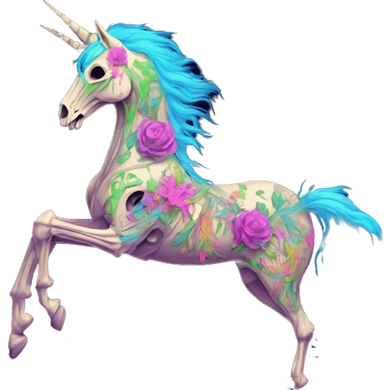 Neon Zombie Pegasus unicorn skeleton psychedelic flowers floral groovy art neon rave raving emoji