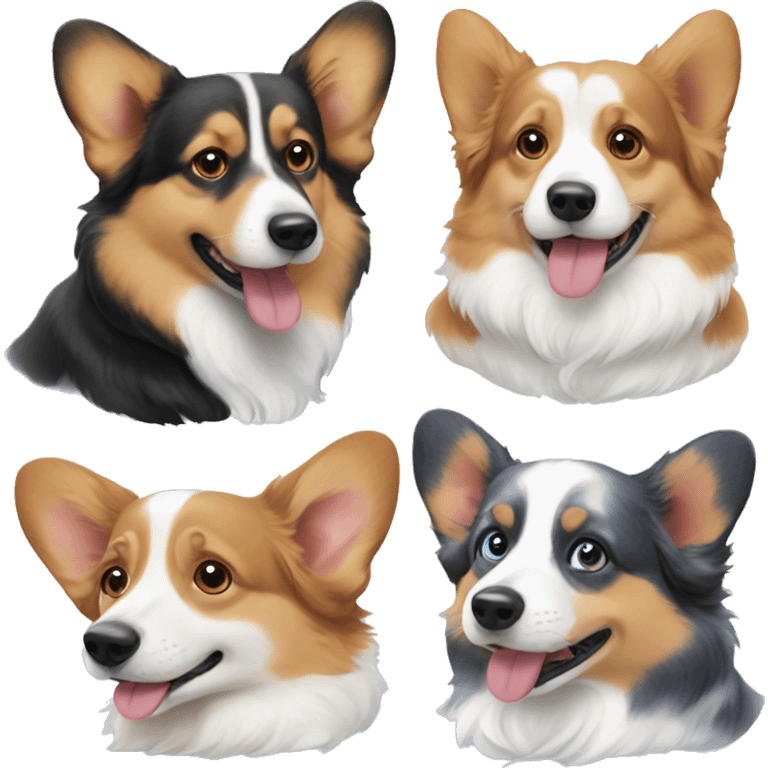 Three corgis. One is a red headed tri, one is a black headed tri, and one is a blue Merle with blue eyes emoji