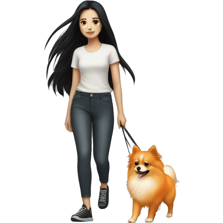 pale girl with long black hair walking with orange pomeranian emoji