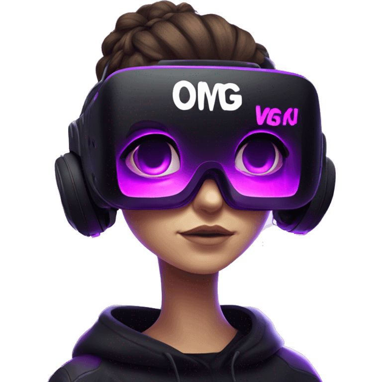 Russian girl wearing black hoody with violet letters "OMG", in vr headset. Cyberpunk style. Violet neon. emoji