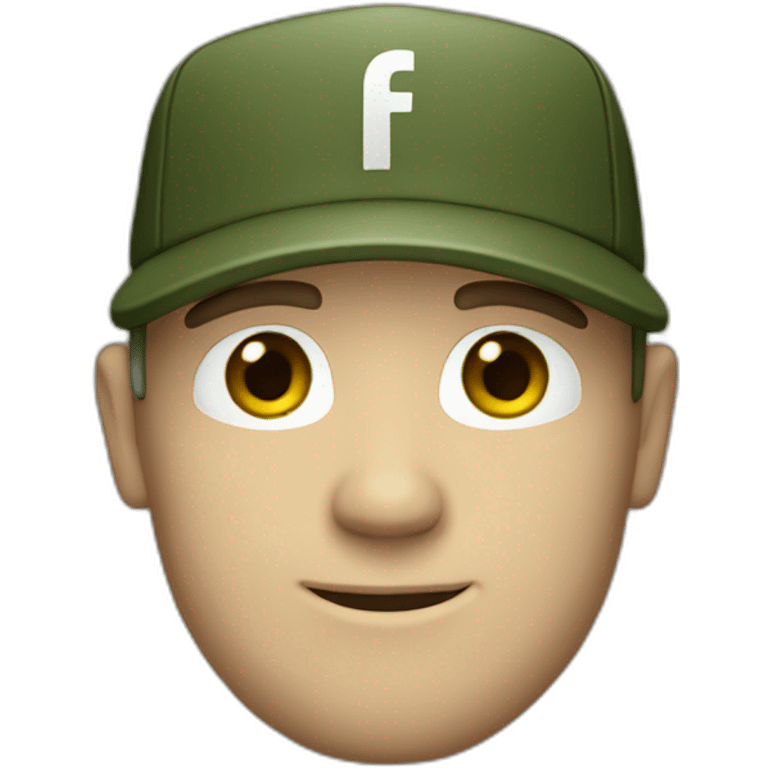 white man with short beard wearing a army green baseball cap with facebook logo emoji