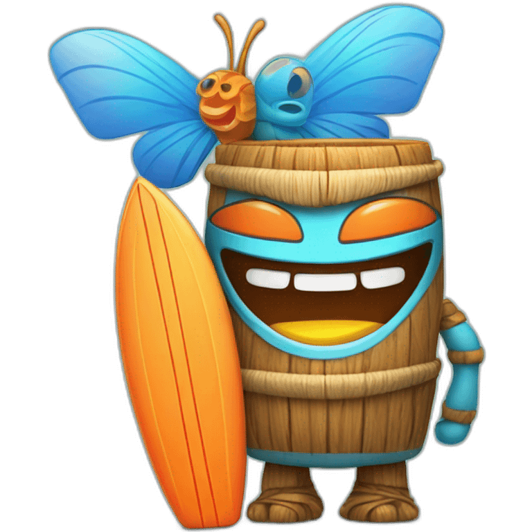 Cartoon Blue and orange smiling tiki with butterfly and surfboard emoji