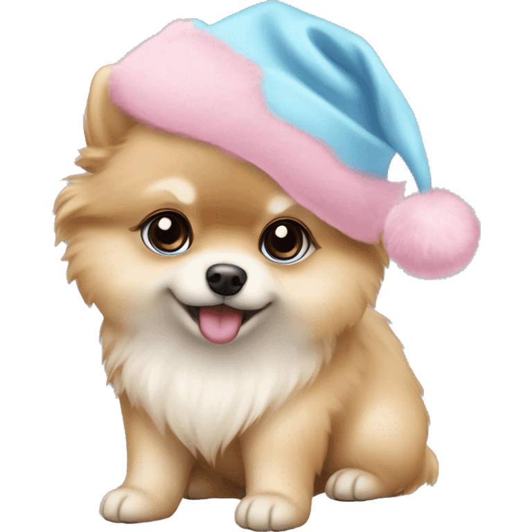 beige pomeranian puppy full body light blue eyes pink christmas hat on emoji