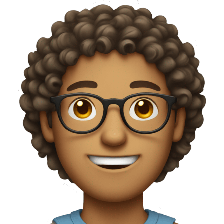 guy with round face and round glasses, curly hair and brown eyes, smiley  emoji