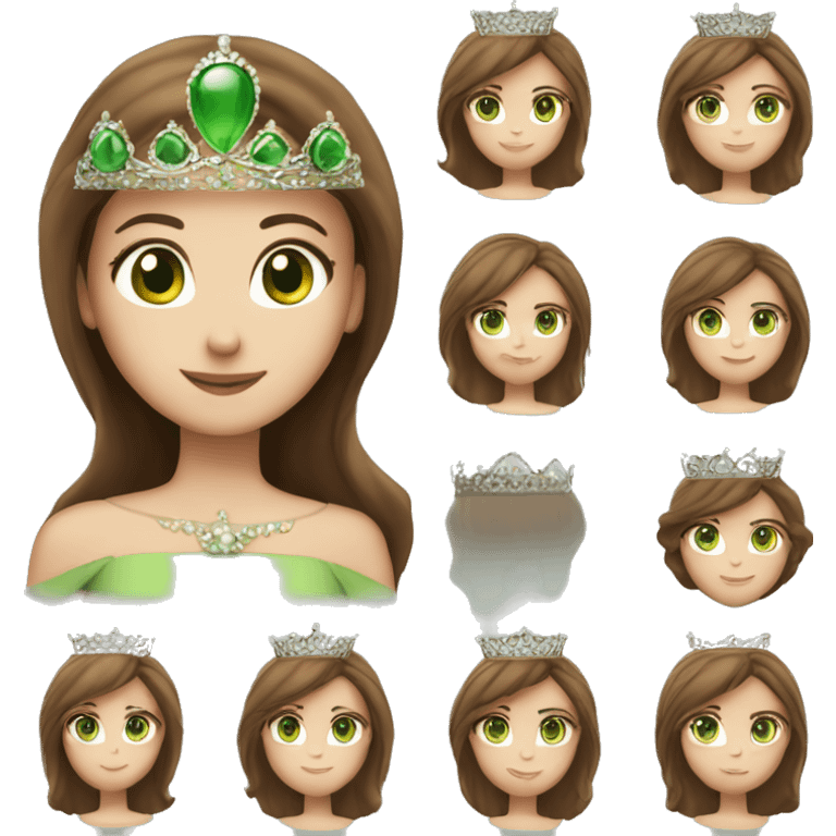 straight brown hair, green eyes, 42 year old very pretty, wearing princess crown emoji