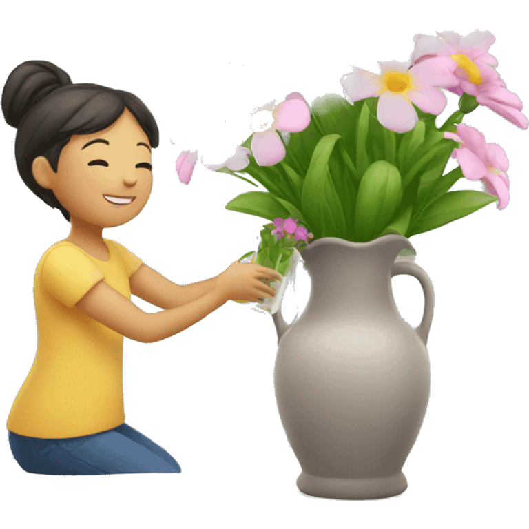 Watering a vase of beautiful flowers  emoji