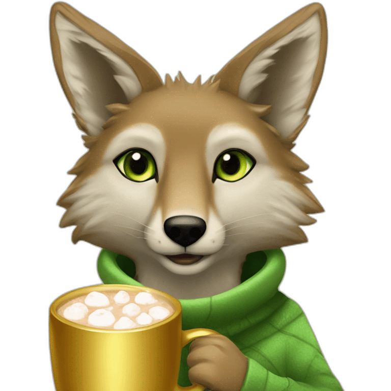 Jackal whit gold furr and light green eyes holding hot cocoa emoji