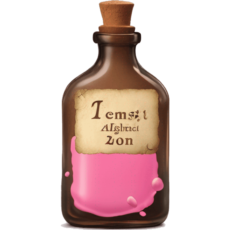 Mysterious Alchemical vintage glass potion bottle, exquisite bottle shape, old and shabby, with label, stylish and minimalistic, brown and pink, oil potion is poured out of the bottle, oil is spilled next to it emoji