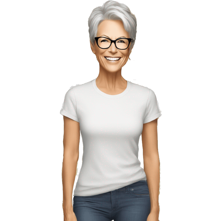 Jamie Lee Curtis smiling wearing tee emoji