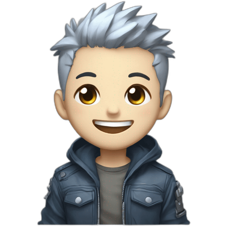 logo illustrated boy skull laughing out loud, chibi anime style, head and shoulders only, light brown eyes, short gray hair, cyberpunk jacket with blue colors, flashing background. emoji