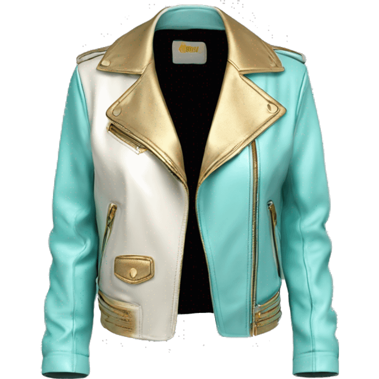 Hyper Realistic side view of an open light tiffany blue,cream and gold ombre feminine fashion leather jacket. emoji