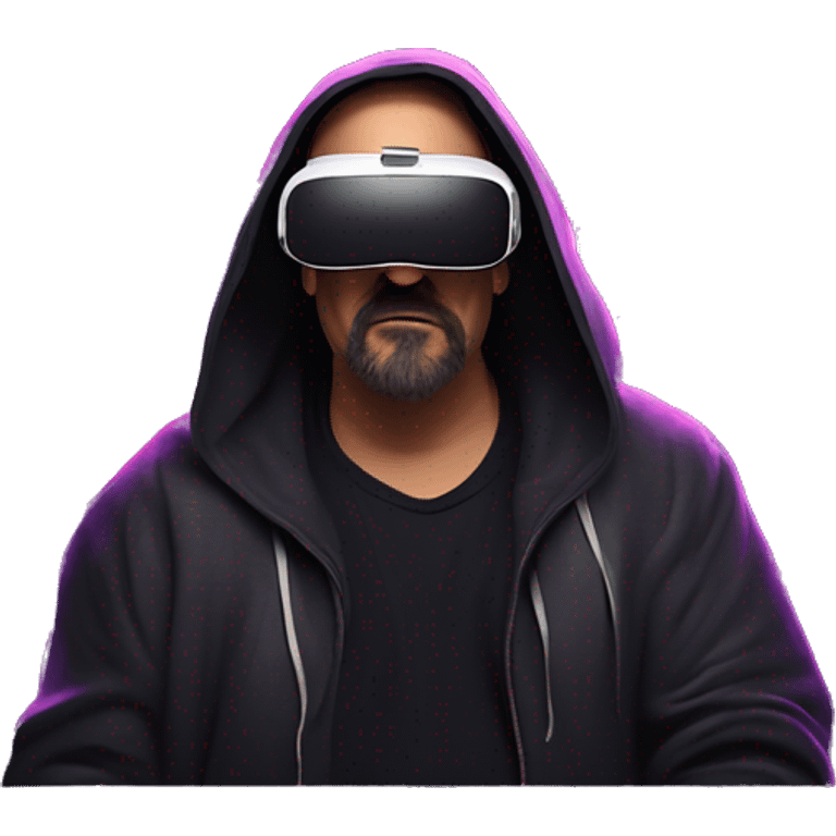 Big Lebowski wearing a black hoodie with "OMG" letters on it and VR headset oculus quest 2 in a cyberpunk VR environment with violet neon lighting. Showing direction with hand emoji