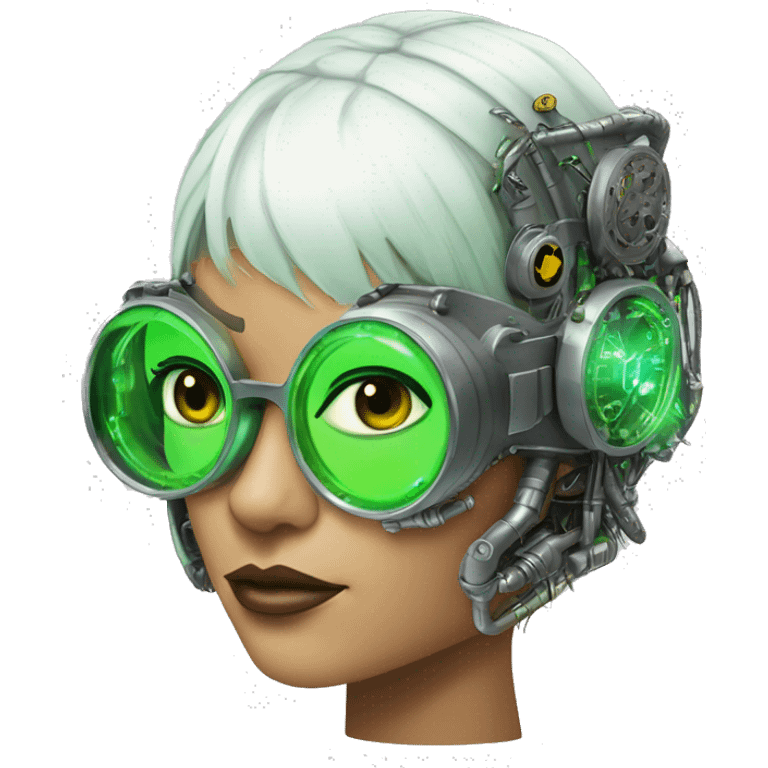 Neon green bobbed hair Latina female cyborg head with silver steampunk goggles and circuits emoji