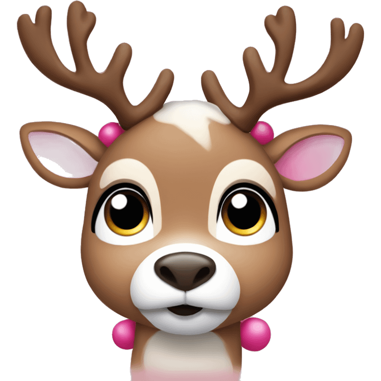 A cute  reindeer  with big brown eyes and long lashes with a pink Christmas Santa hat emoji