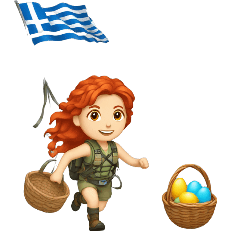 Female mountaineer red hair climbing with Easter eggsbasket and Greek flag emoji