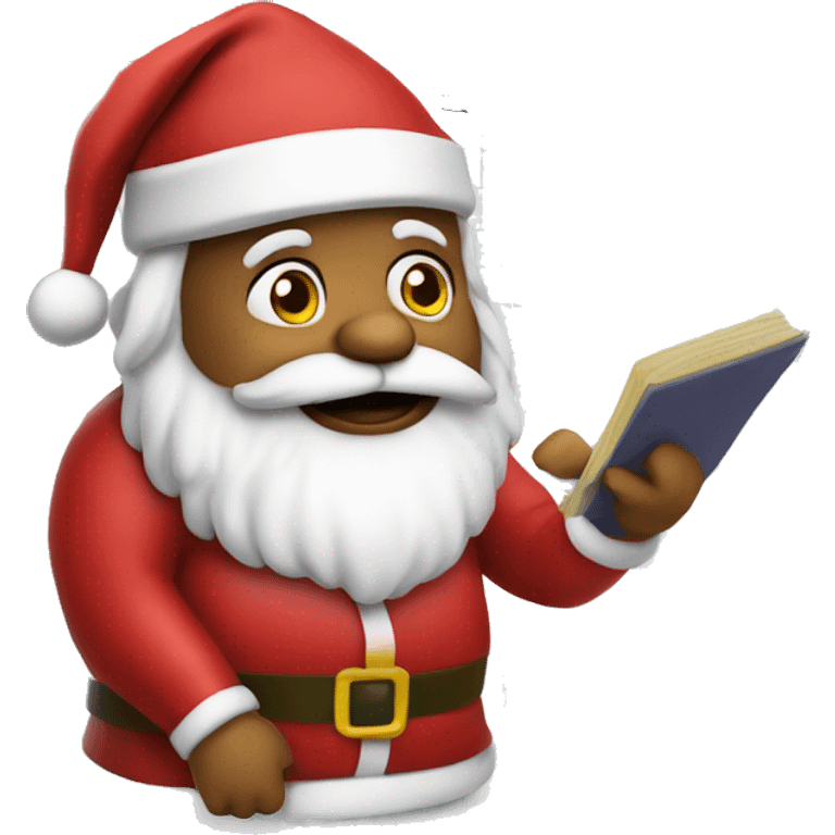 Santa is sitting on a desk, solving complicated math problems in an exercise book emoji