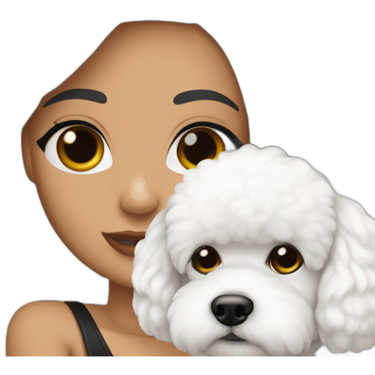 mujer piel blanca cabello negro chongo  y perro bichon blanco emoji