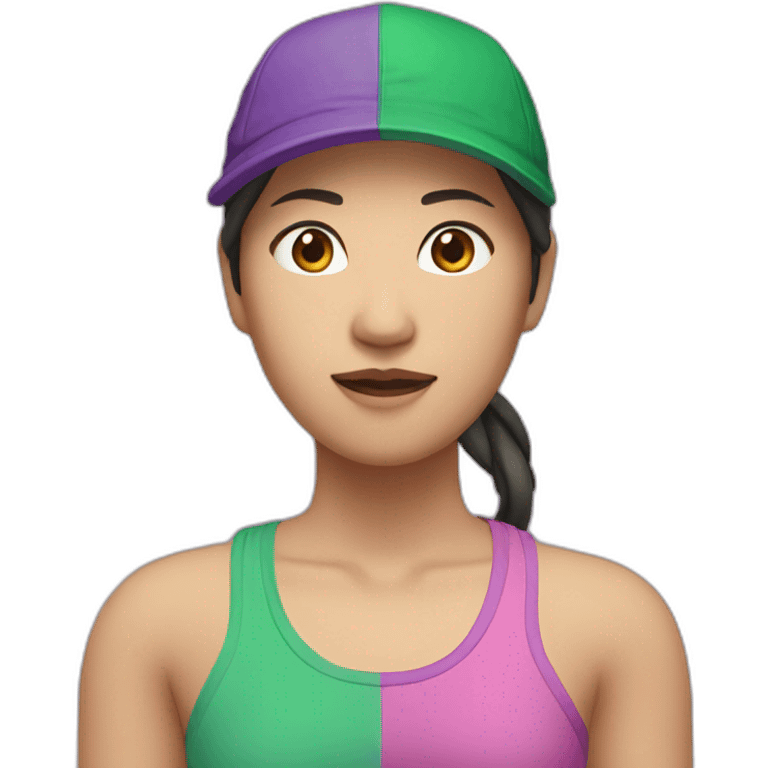 asian woman, green cap backwards, pink and purple singlet emoji