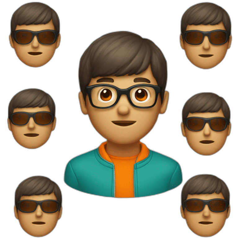 a man with a bowl cut brown squar glasses, a orange jacket emoji