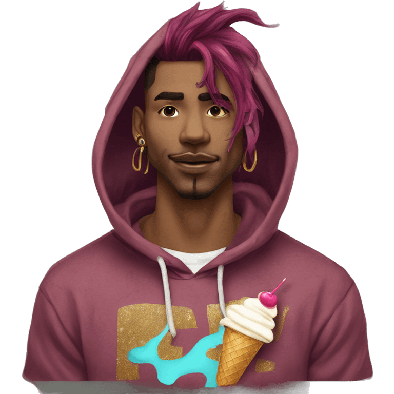 Vintage grunge patina intricate swirls golden sparkle tropical Deep pink maroon burgundy cyan dark hoodie man dyed hair and gold piercings nose piercing ear piercings ice cream  emoji