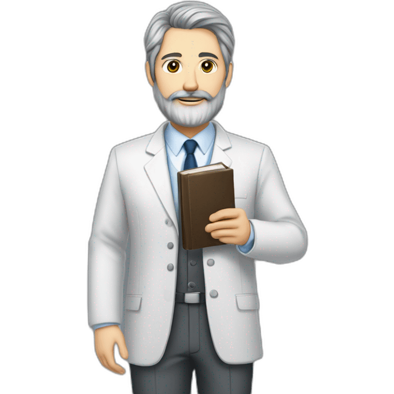 husband classy caucasian dark gray hair trimmed beard wearing business suit holding bible, wife asian age 55 dark hair nurse uniform, no children emoji