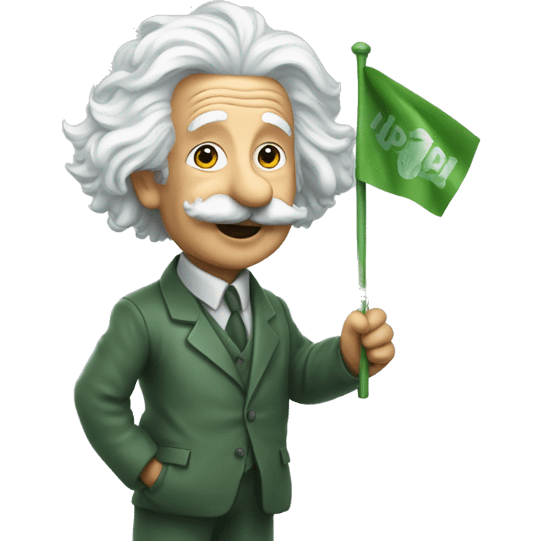 happy albert einstein holding green flag in one hand emoji