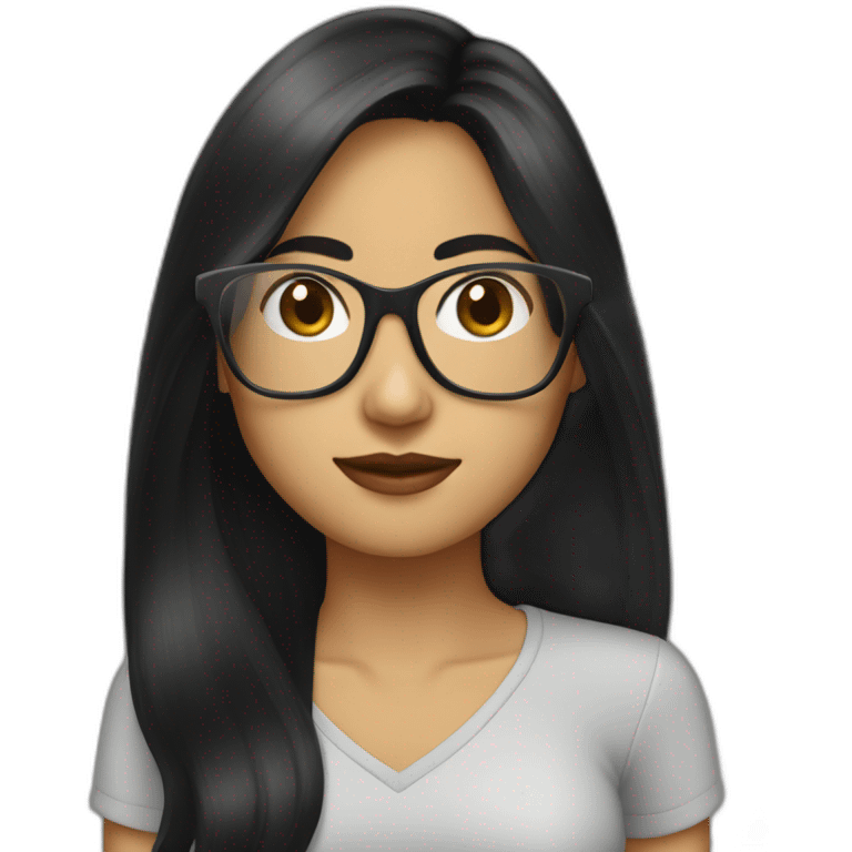 solo girl with long black hair with glases and computer emoji