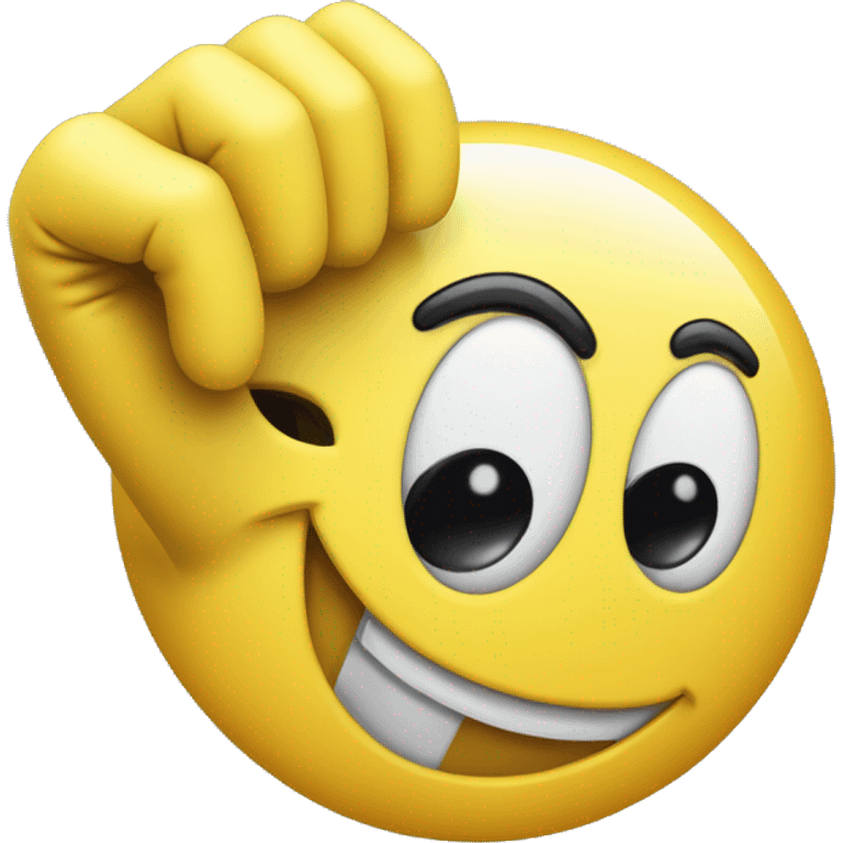 grinning yellow smiley with cartoon eyes and a white hand glove doing the 'call me' hand emoji