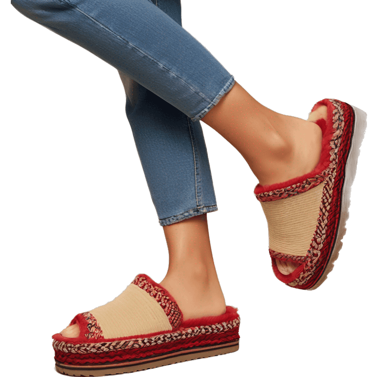 Camel color chunky platform slip-on mule UGG slippers. thin red woven zig-zag trim line detail on the cuffing emoji