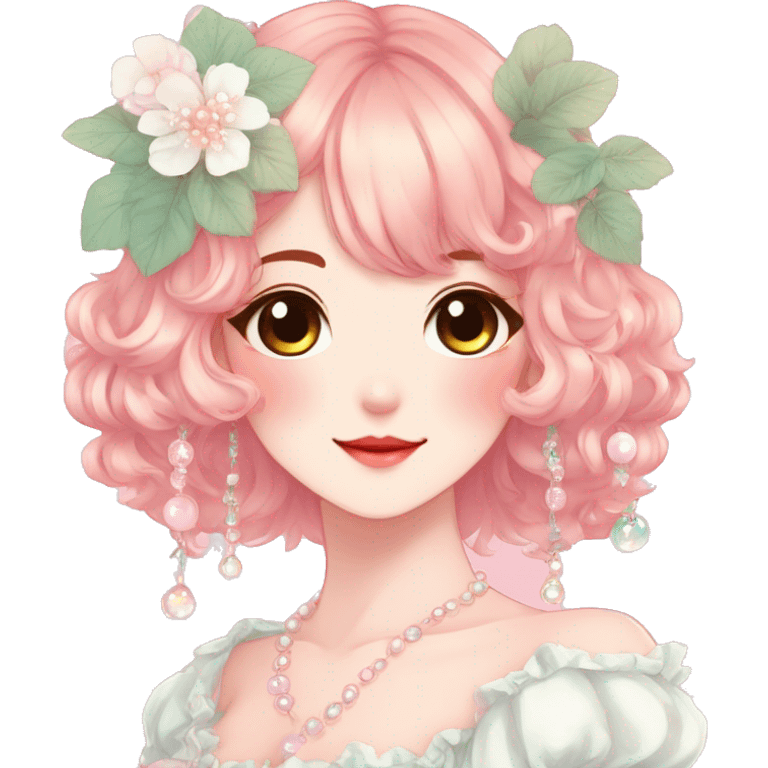 Gorgeous anime style lady with blushing face and accessories cottagecore fairycore Kawaii anime colorful pearly romantic aesthetic trending style emoji