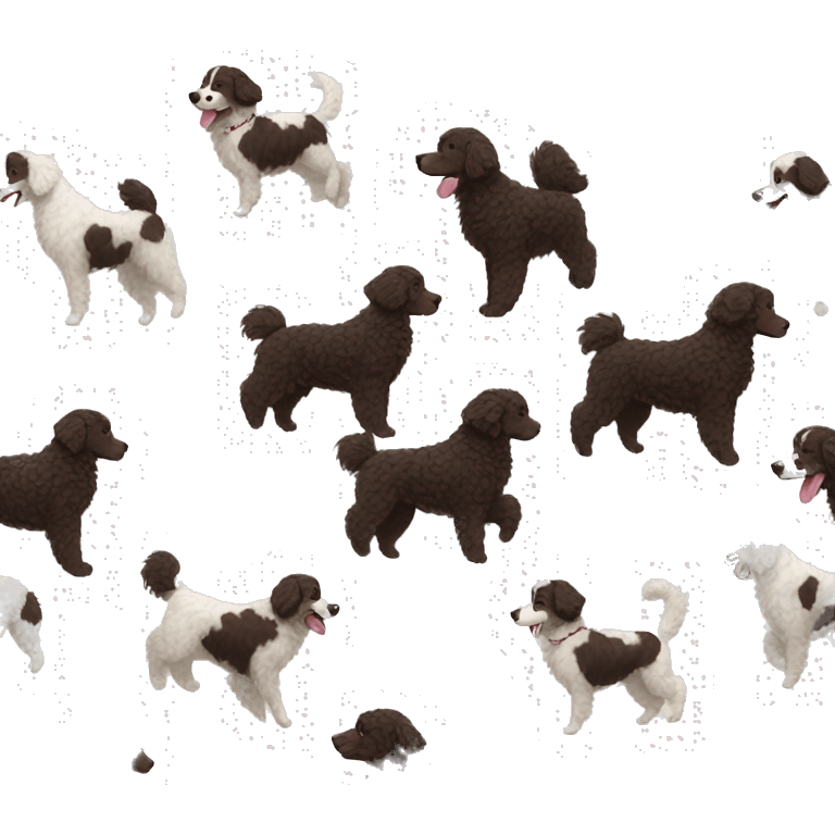 Chocolate doodle, white Australian shepherd, black poodle, gsp running in a line emoji