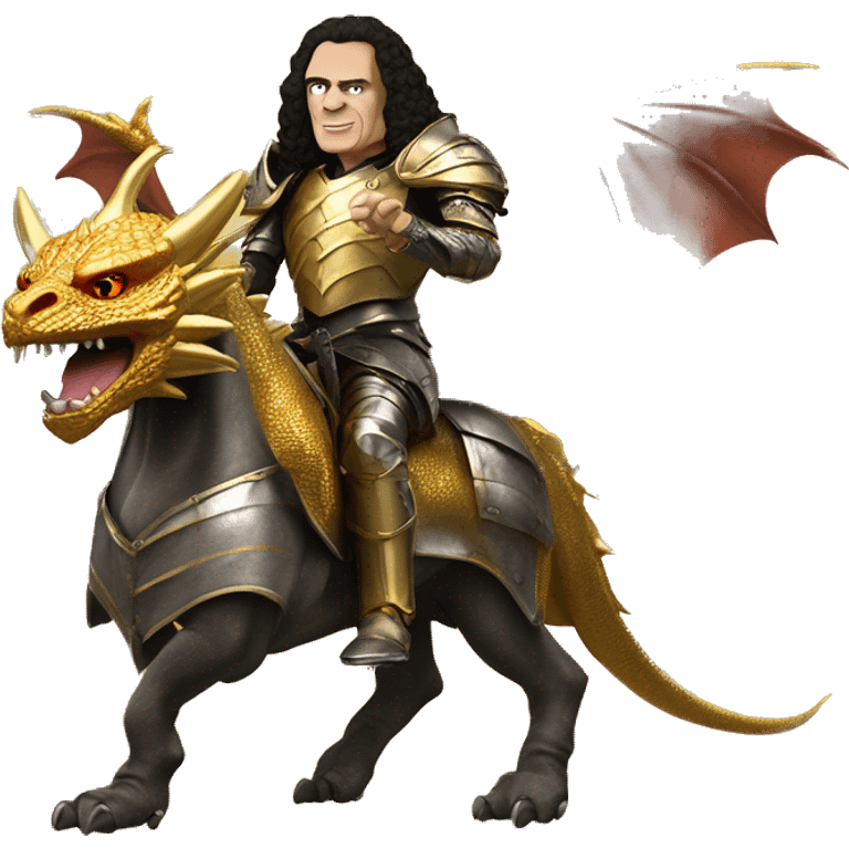 Old ronnie james dio with an armor riding a golden dragon emoji