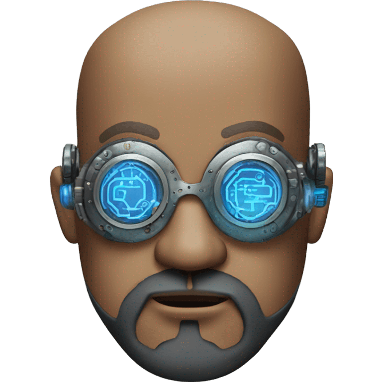 Bearded Fat bald cyborg head with brown skin, blue steampunk goggles and circuits emoji